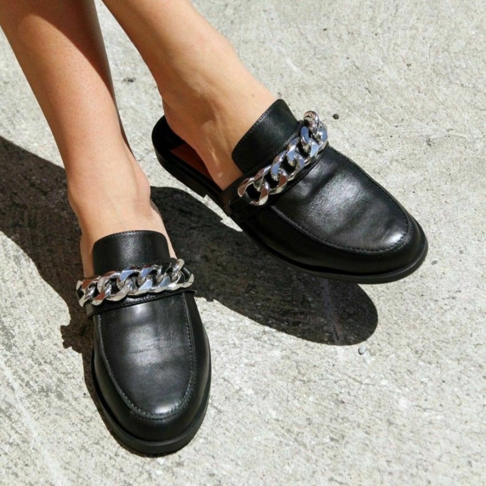 Tony Bianco Black Mules with Silver Chain - Picture 2 of 6